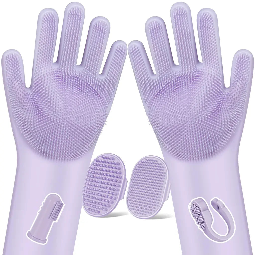 Bath Brush Finger Toothbrush for Dogs & Cats – Silicone Grooming Gloves Kit