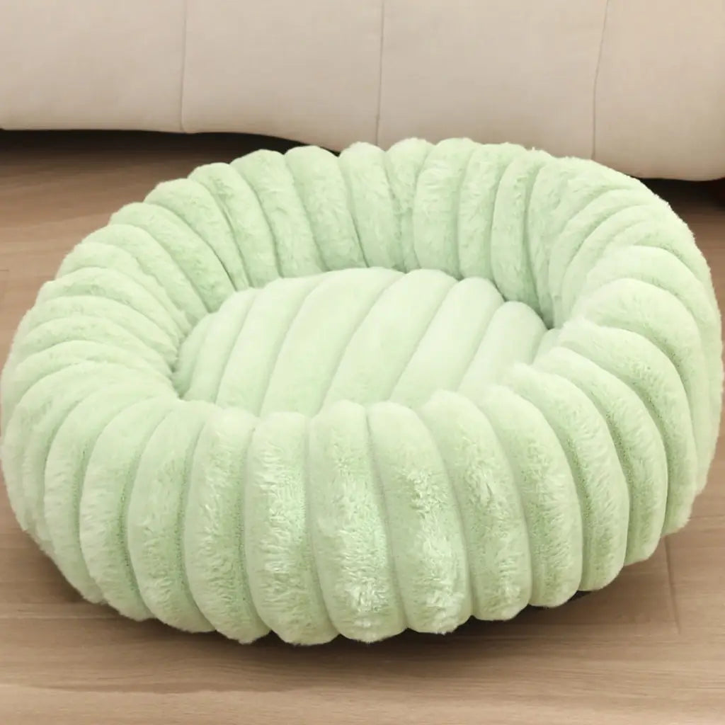 Striped Rabbit Plush Pet Bed – Round, Long-Hair, Winter Mat for Cats & Dogs