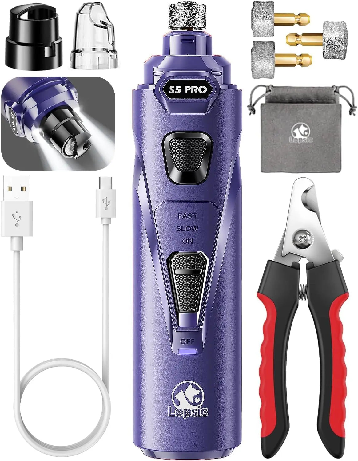 LED Dog Nail Grinder | 3-Speed Rechargeable Quiet Claw Trimmer