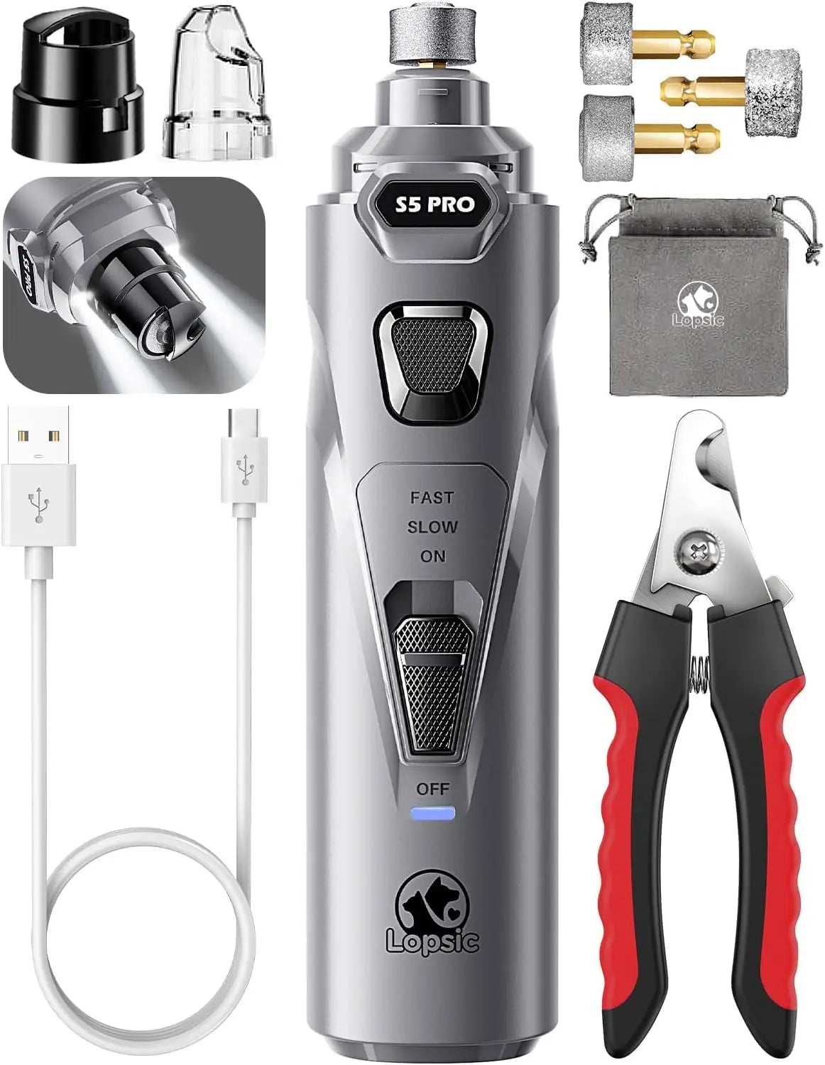 LED Dog Nail Grinder | 3-Speed Rechargeable Quiet Claw Trimmer
