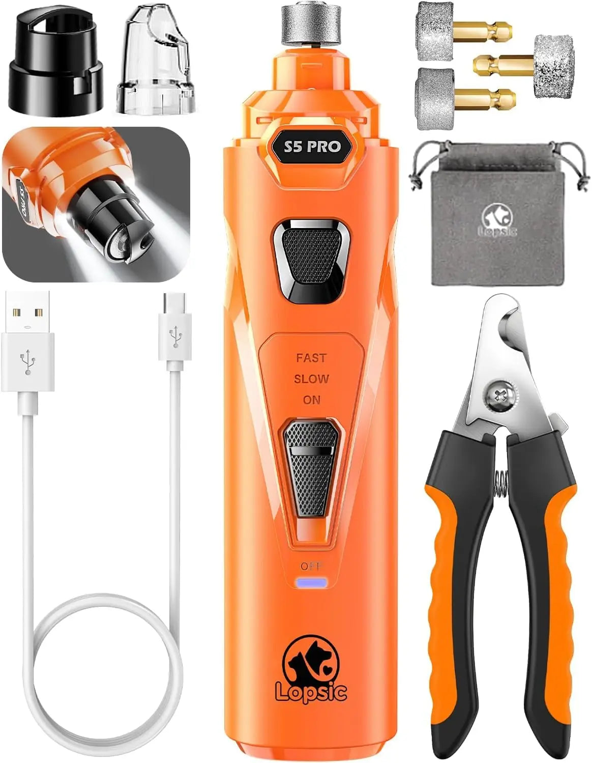 LED Dog Nail Grinder | 3-Speed Rechargeable Quiet Claw Trimmer