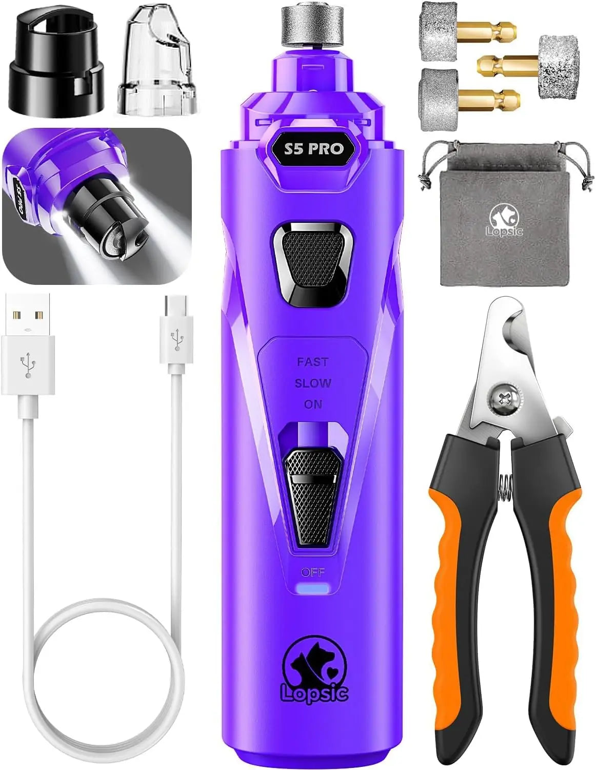 LED Dog Nail Grinder | 3-Speed Rechargeable Quiet Claw Trimmer