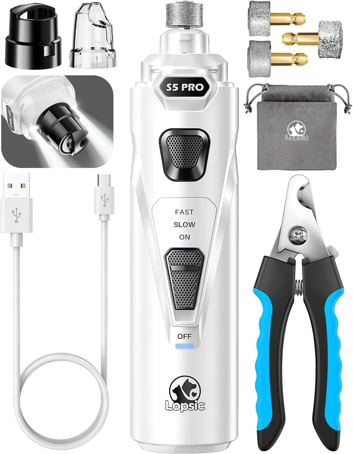 LED Dog Nail Grinder | 3-Speed Rechargeable Quiet Claw Trimmer