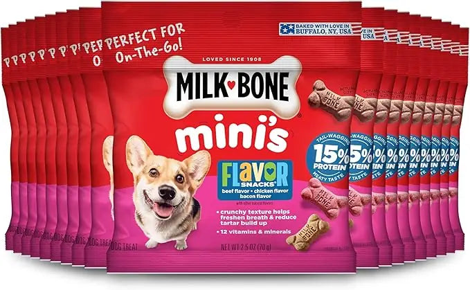 Milk-Bone Mini's Flavor Snacks | Mini Dog Treats | Beef, Chicken & Bacon | 2.25 lb, 15oz & Grab-and-Go Pouches