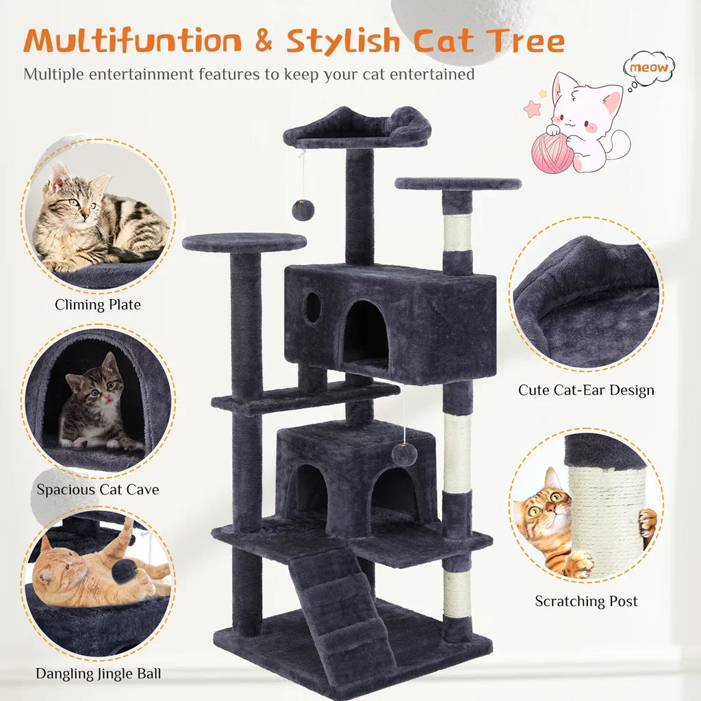 54-Inch Multi-Level Cat Tree with Condos & Sisal Posts