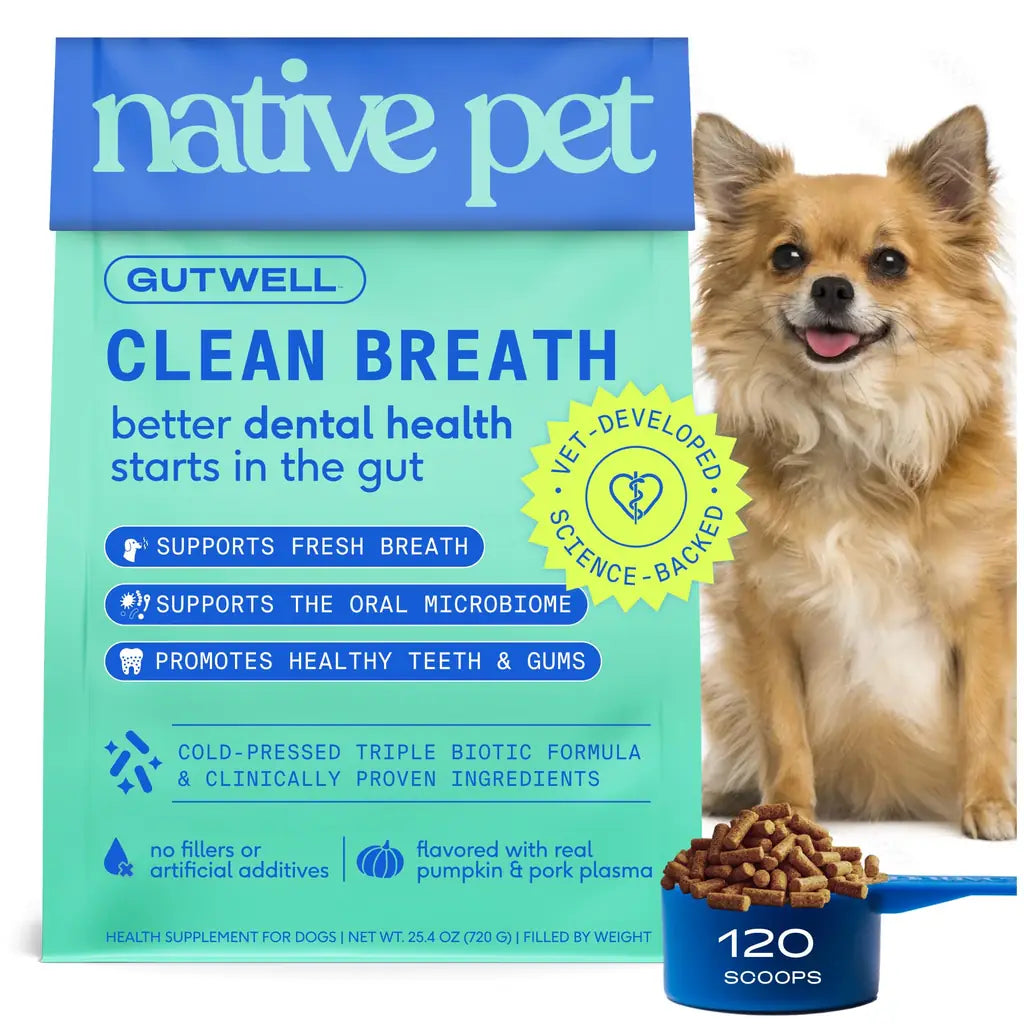 Native Pet GutWell | Dog Breath Freshener & Teeth Cleaning Powder | Triple-Biotic, Brown Algae & Zinc | 60 & 120 Scoops