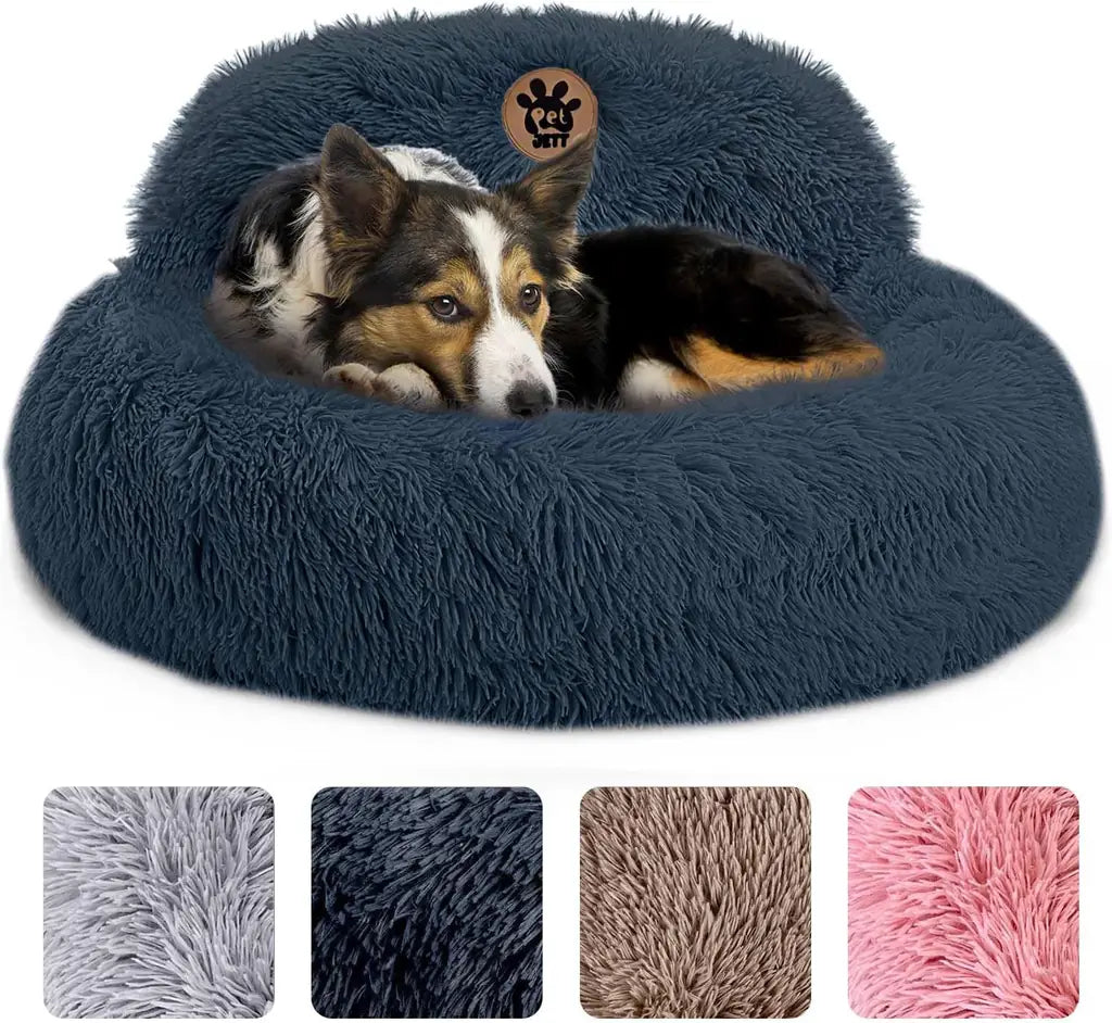 PetJett Calming Donut Dog Bed | Anti-Anxiety Faux Fur Pet Bed