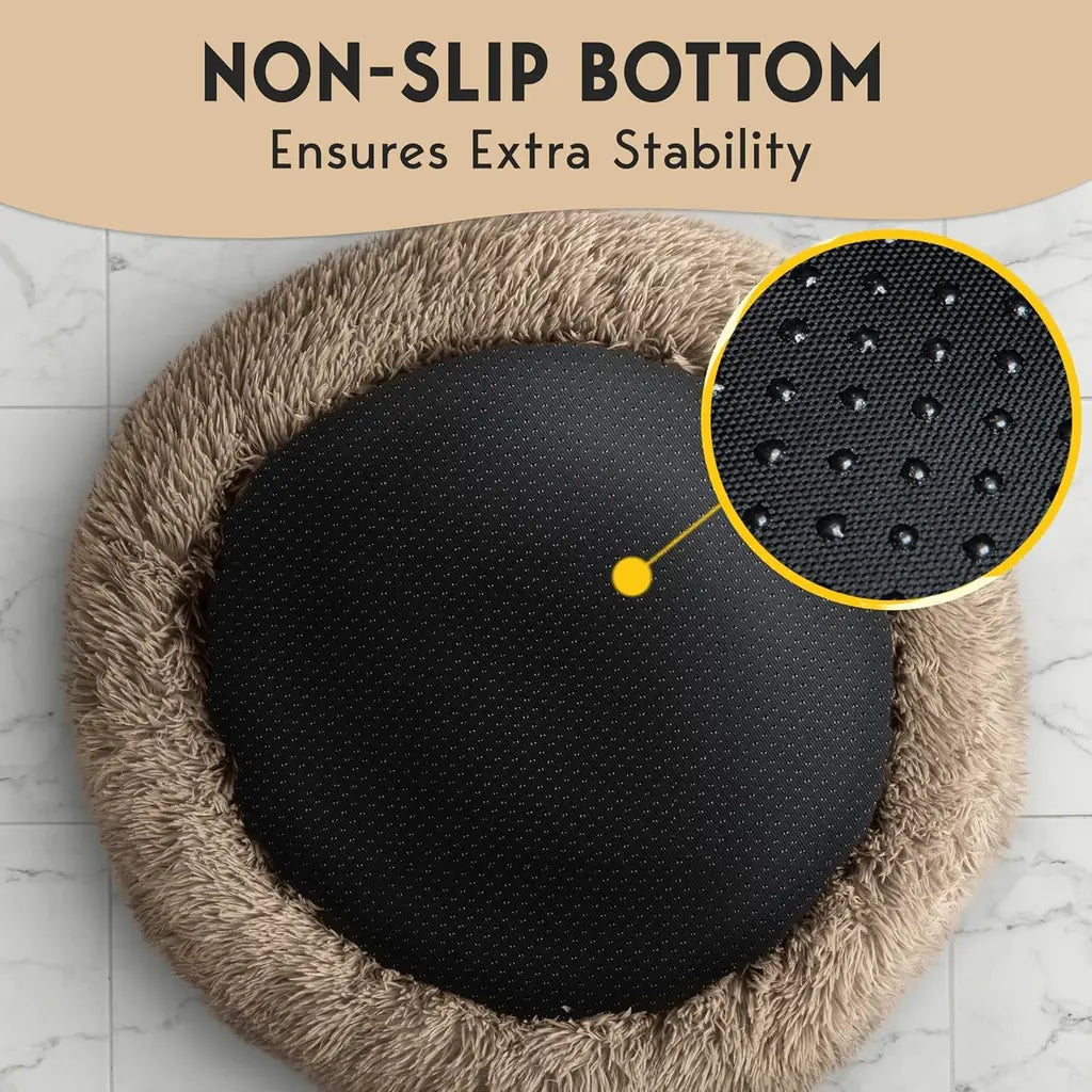 PetJett Calming Donut Dog Bed | Anti-Anxiety Faux Fur Pet Bed