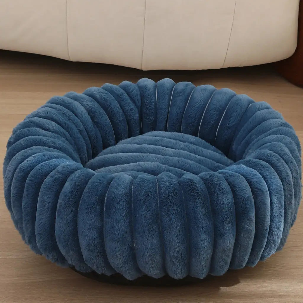 Striped Rabbit Plush Pet Bed – Round, Long-Hair, Winter Mat for Cats & Dogs