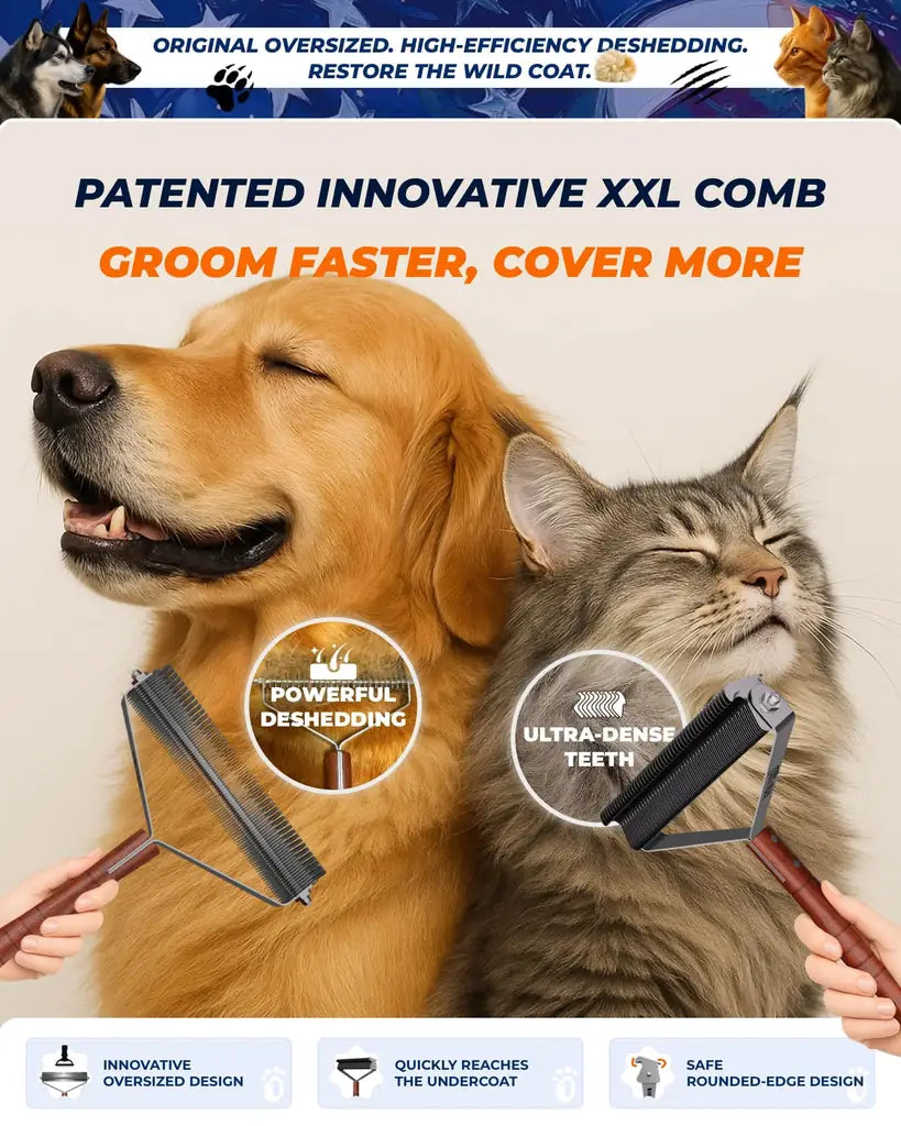 Extra Large 2-Sided Undercoat Rake for Dogs & Cats – Dematting Comb, Deshedding Brush, Premium Wooden Handle