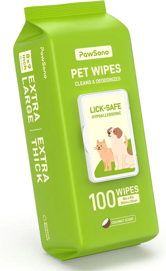 PawSono Hypoallergenic Pet Wipes for Dogs & Cats | Extra Large, Lick-Safe | Coconut Scented