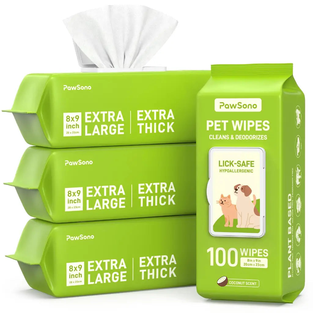 PawSono Hypoallergenic Pet Wipes for Dogs & Cats | Extra Large, Lick-Safe | Coconut Scented