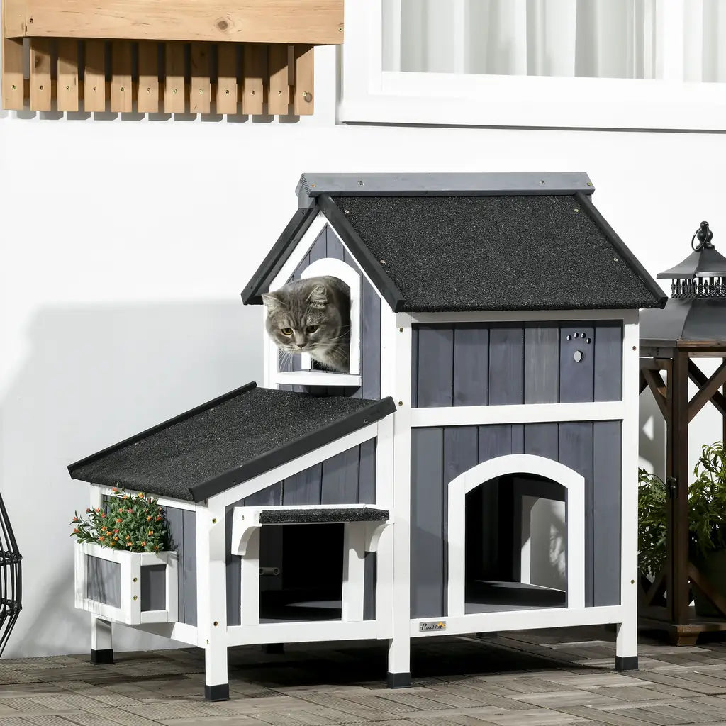VEVOR Outdoor Cat House 2-story Wooden Feral Cat Shelter with Roof & Door Flaps
