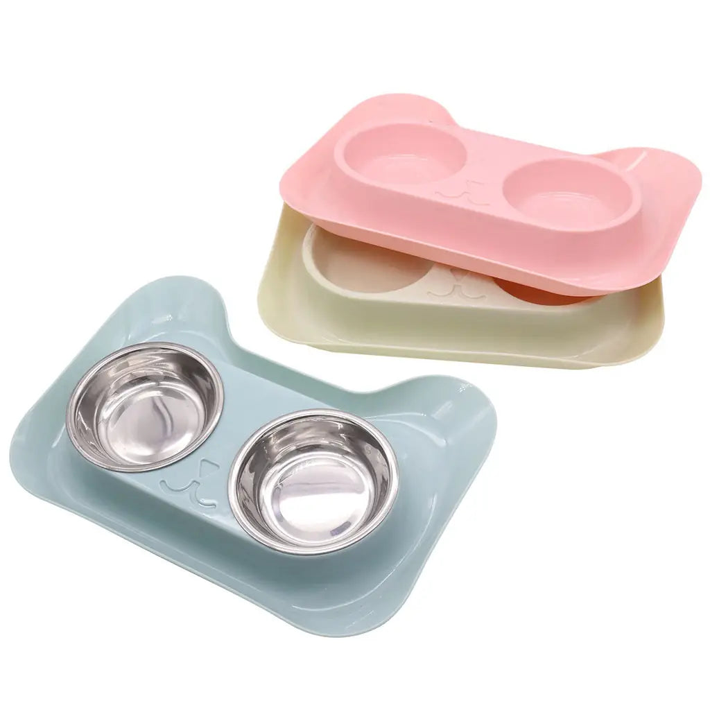 Double bowl cat feeder stainless steel pet dining