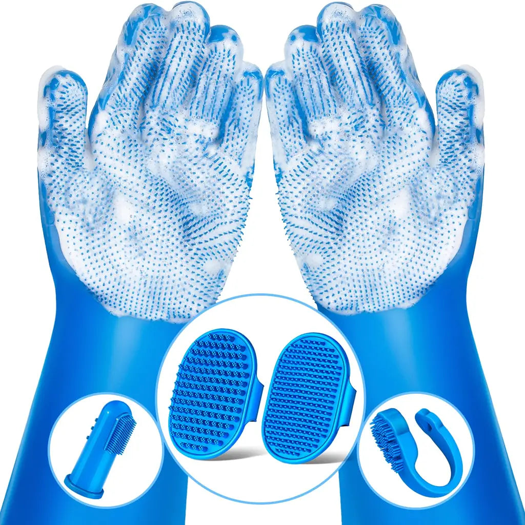 Bath Brush Finger Toothbrush for Dogs & Cats – Silicone Grooming Gloves Kit
