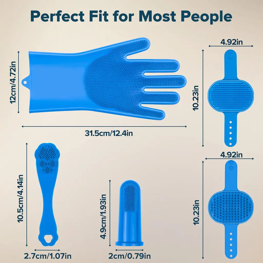 Bath Brush Finger Toothbrush for Dogs & Cats – Silicone Grooming Gloves Kit