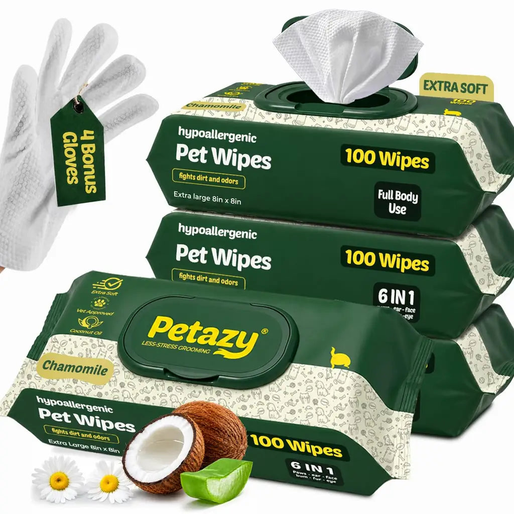 Pet Wipes for Dogs & Cats | XL 8x8in | Hypoallergenic | Chamomile, Lavender or Unscented