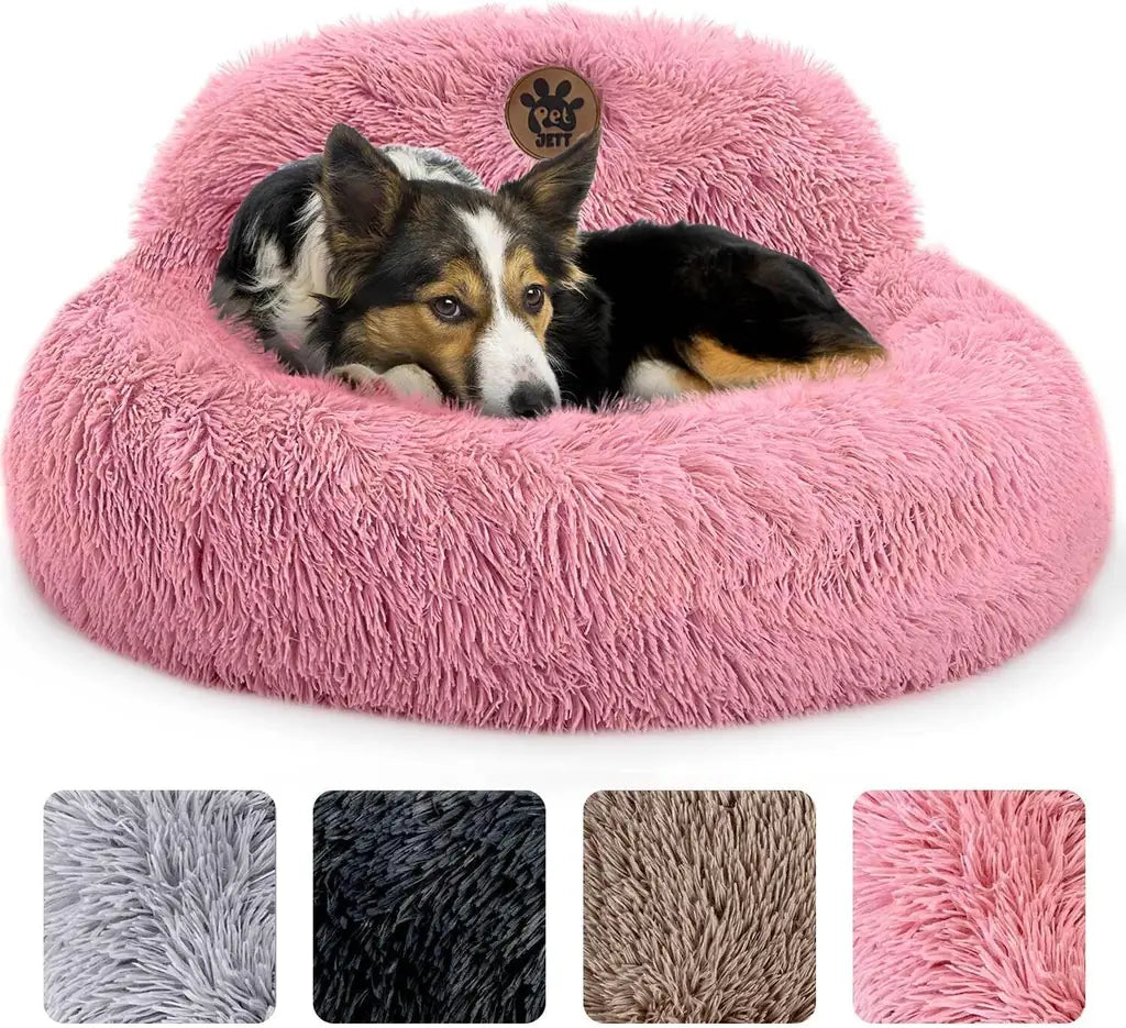 PetJett Calming Donut Dog Bed | Anti-Anxiety Faux Fur Pet Bed