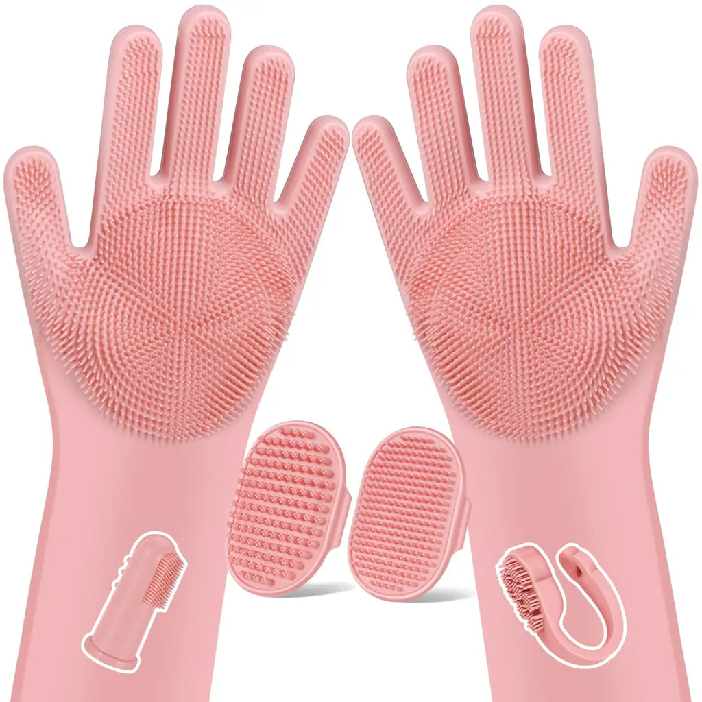 Bath Brush Finger Toothbrush for Dogs & Cats – Silicone Grooming Gloves Kit