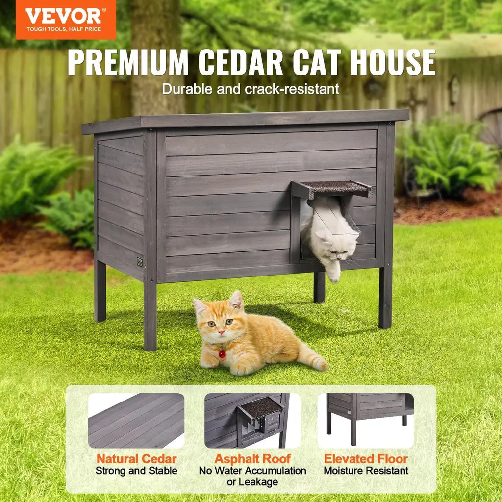 VEVOR Outdoor Cat House – Wooden Feral Cat Shelter with Roof & PVC Door Flaps