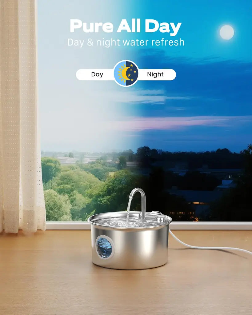 Best Cat Water Fountain for Picky Cats – 88oz Stainless Steel, LED Indicator, Quiet Pump, 4-Stage Filter