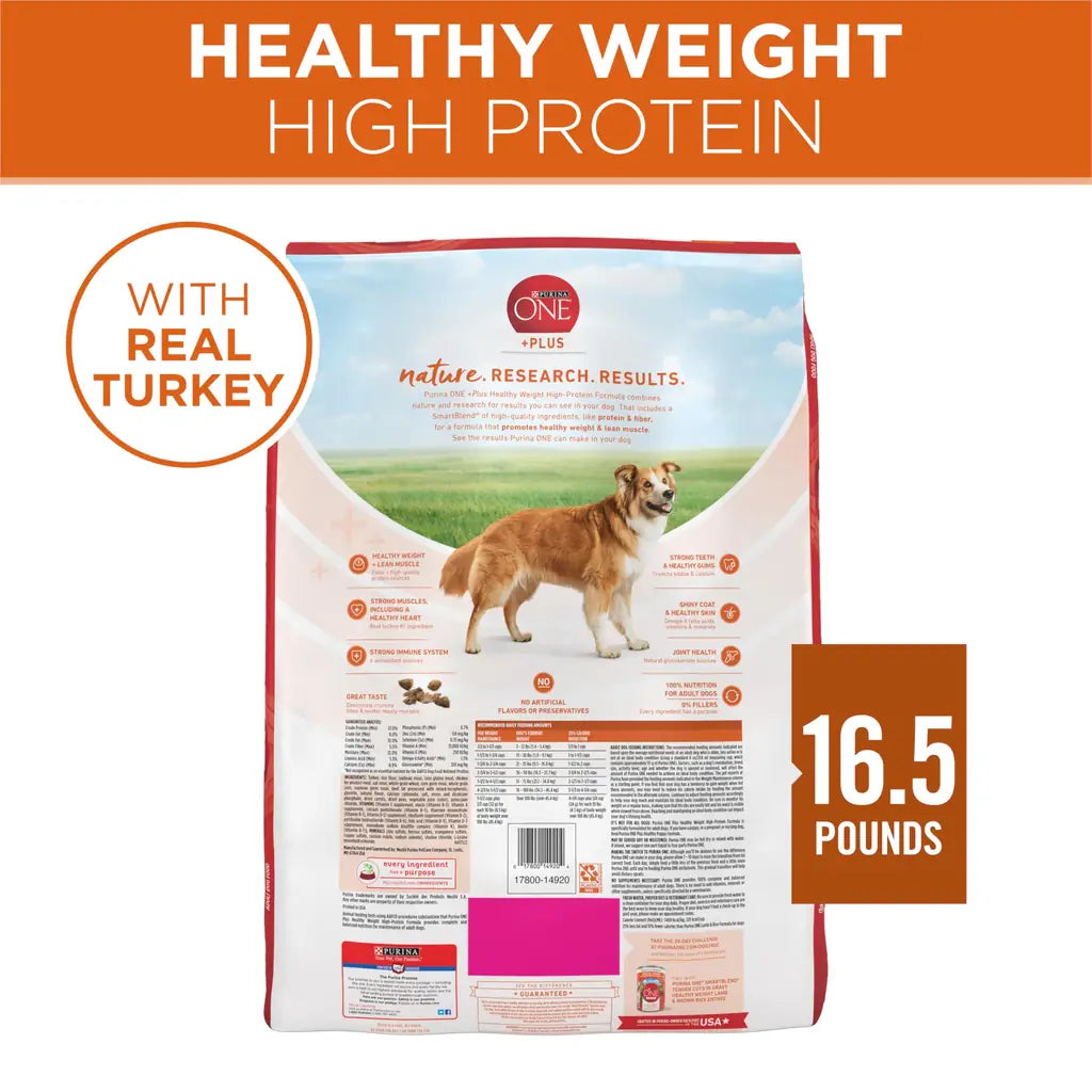 Purina ONE Healthy Weight Dry Dog Food – High Protein Turkey Formula (16.5 lb Bag)