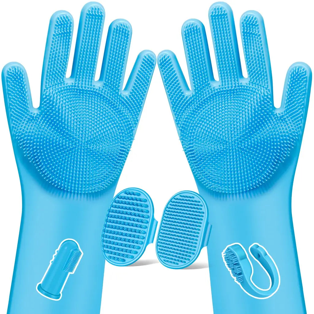 Bath Brush Finger Toothbrush for Dogs & Cats – Silicone Grooming Gloves Kit