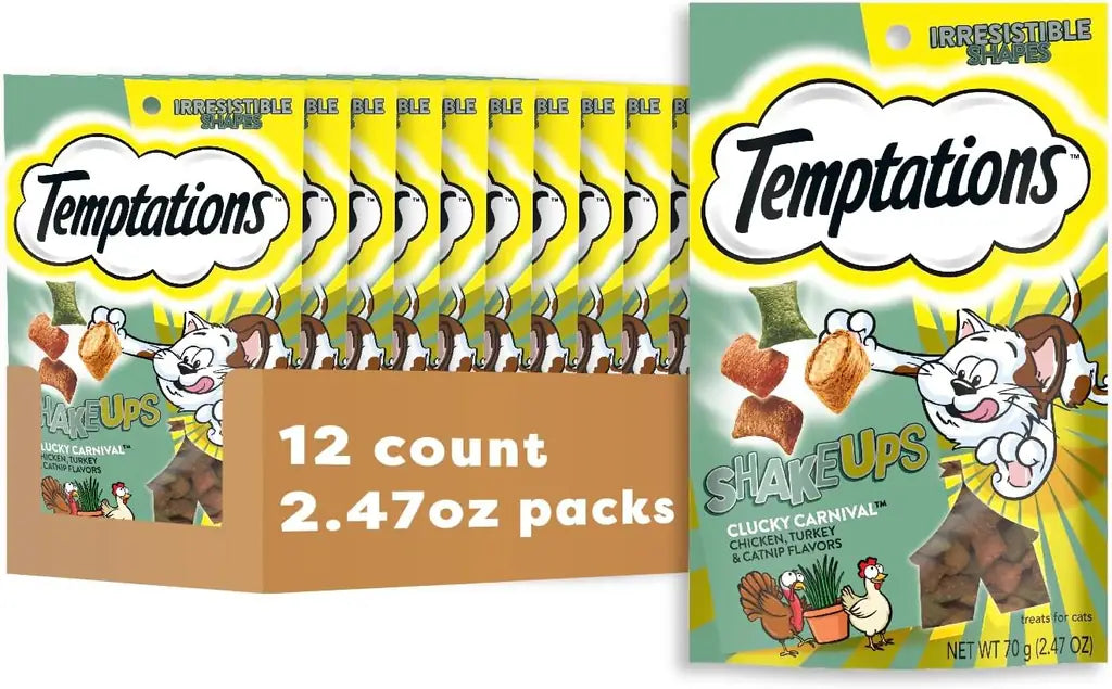 Temptations Cat Treats ShakeUps | Clucky Carnival | Crunchy & Soft Chicken Bites | 5.29 oz & 12-Pack