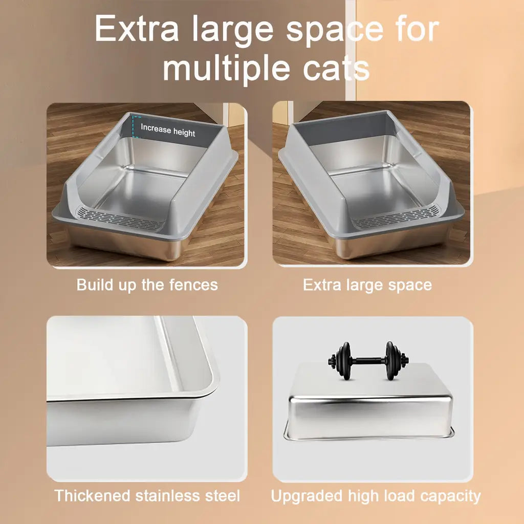 Stainless Steel Cat Litter Box – Splash-Proof, Large & XL Sizes