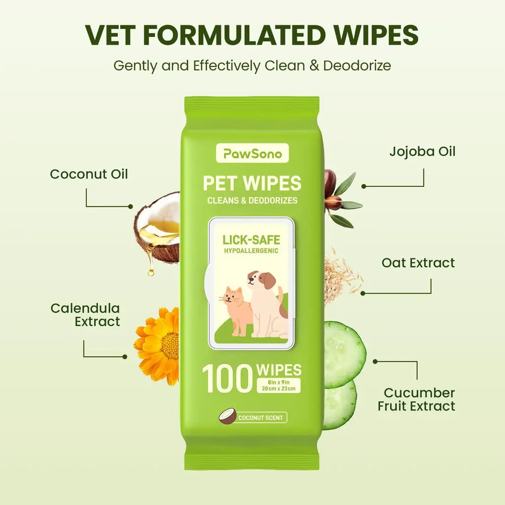 PawSono Hypoallergenic Pet Wipes for Dogs & Cats | Extra Large, Lick-Safe | Coconut Scented