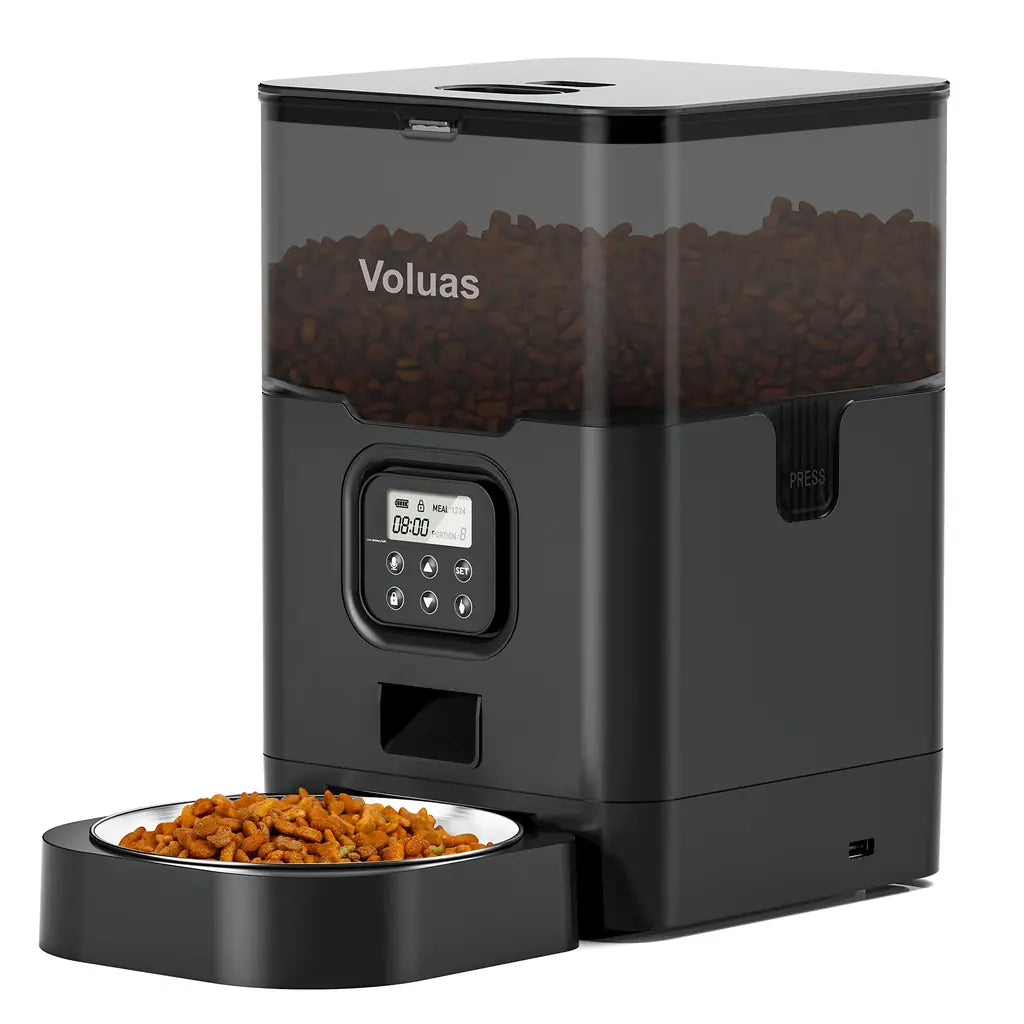 VOLUAS Automatic Cat Dog Feeder – Timed Dispenser, 4 Meals, Portion Control, Voice Recorder