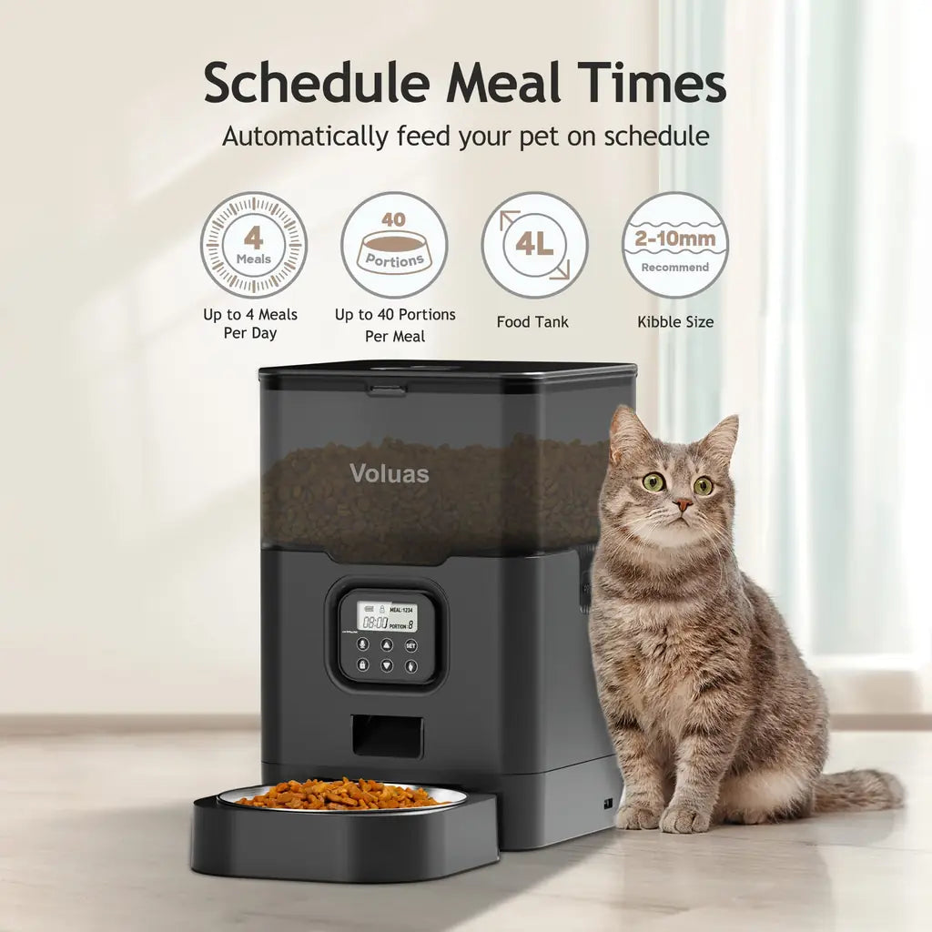 VOLUAS Automatic Cat Dog Feeder – Timed Dispenser, 4 Meals, Portion Control, Voice Recorder