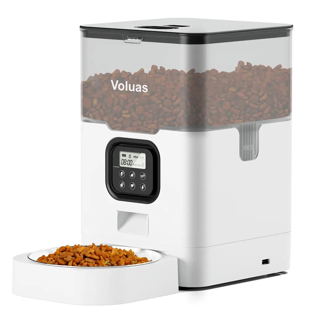 VOLUAS Automatic Cat Dog Feeder – Timed Dispenser, 4 Meals, Portion Control, Voice Recorder
