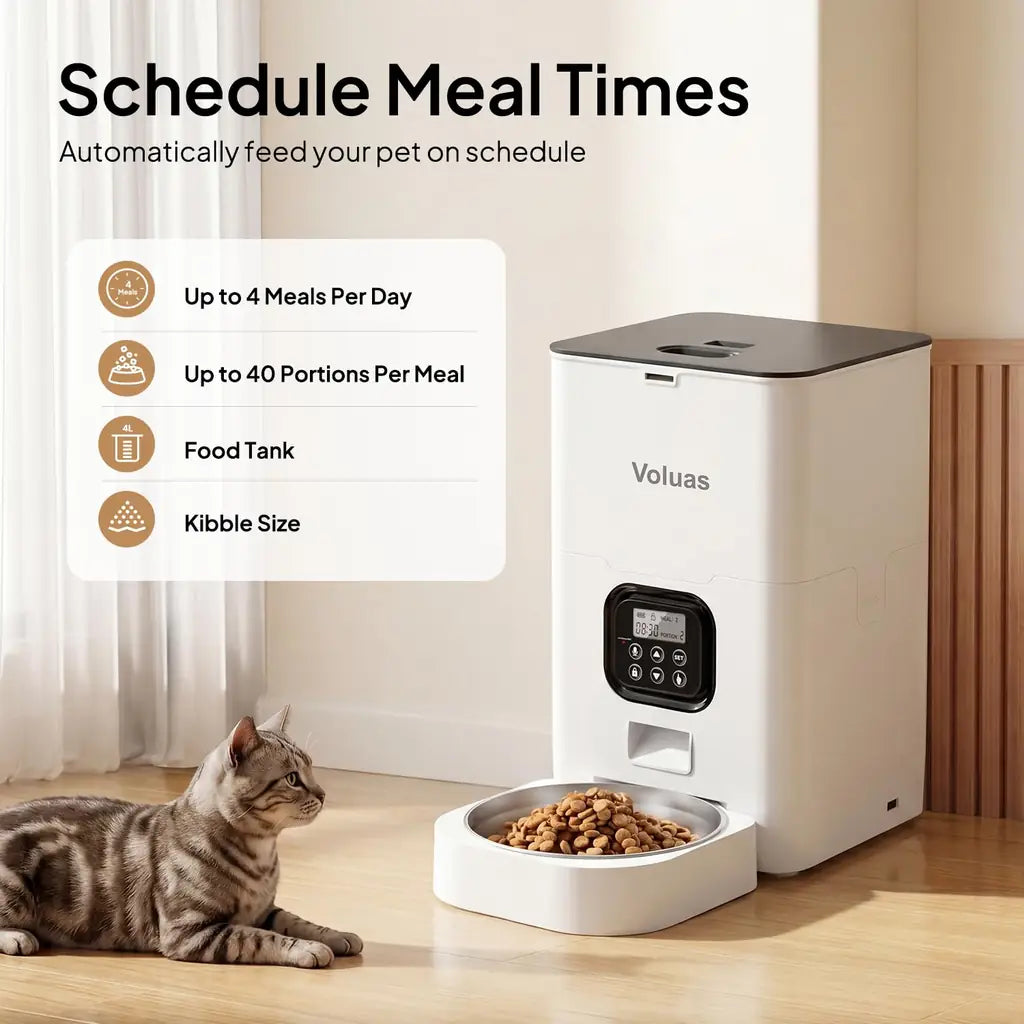 VOLUAS Automatic Cat Dog Feeder – Timed Dispenser, 4 Meals, Portion Control, Voice Recorder