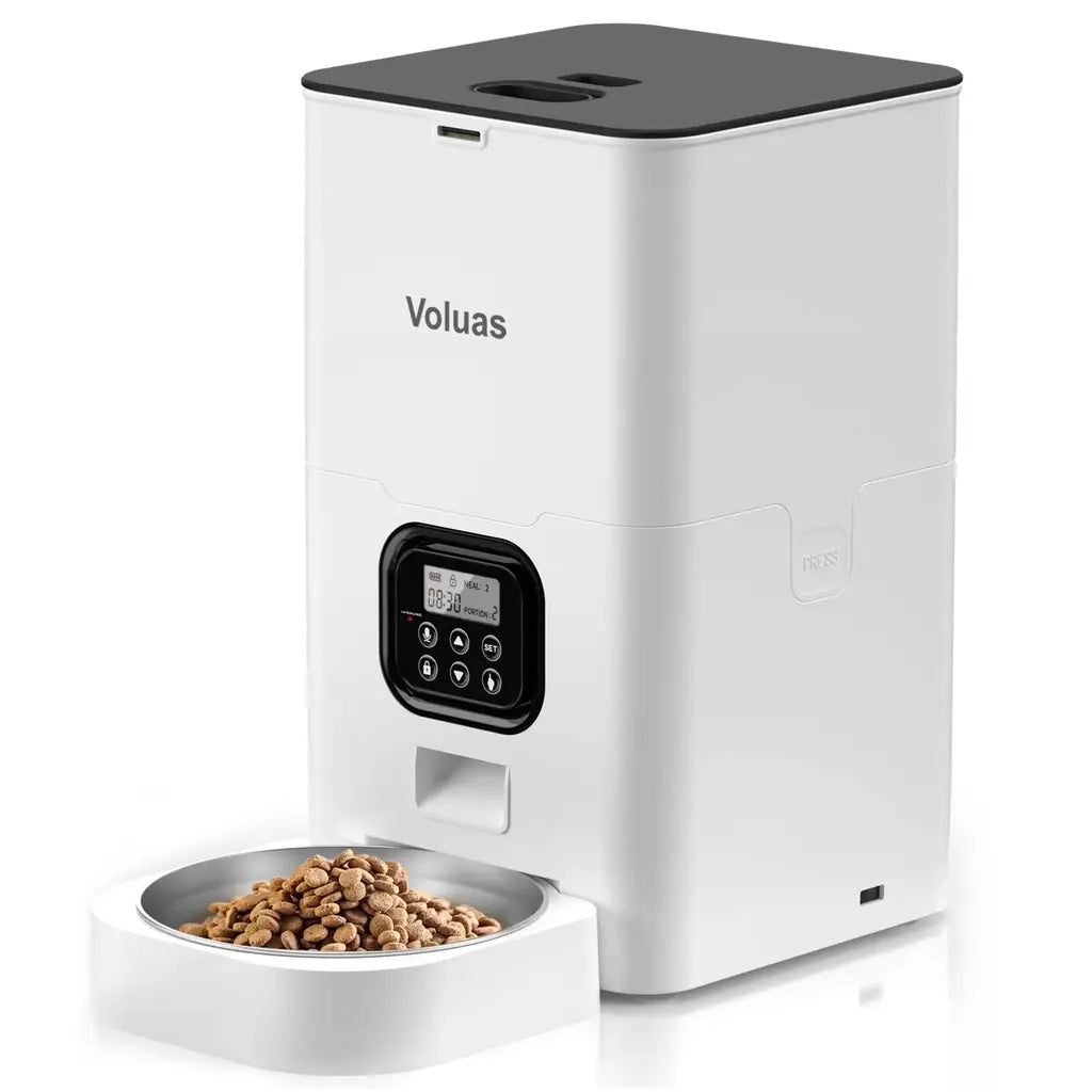 VOLUAS Automatic Cat Dog Feeder – Timed Dispenser, 4 Meals, Portion Control, Voice Recorder